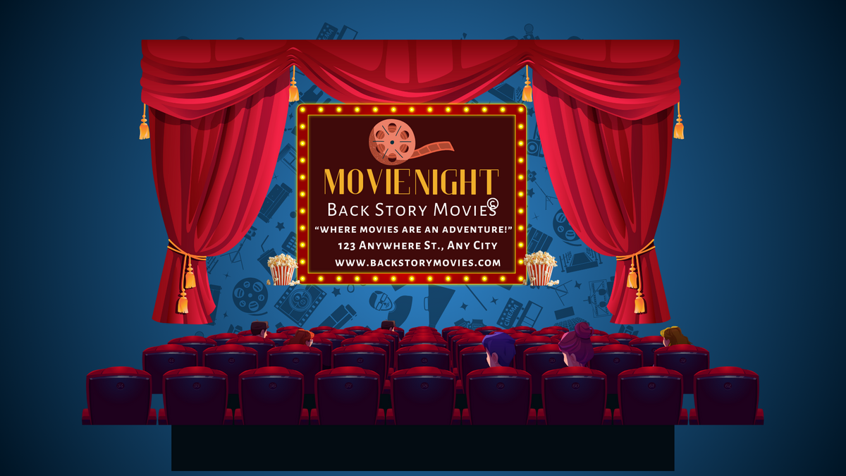 “Illustrated movie theater scene with red curtains and animated audience watching Back Story Movies promotional screen surrounded by filmmaking icons.”